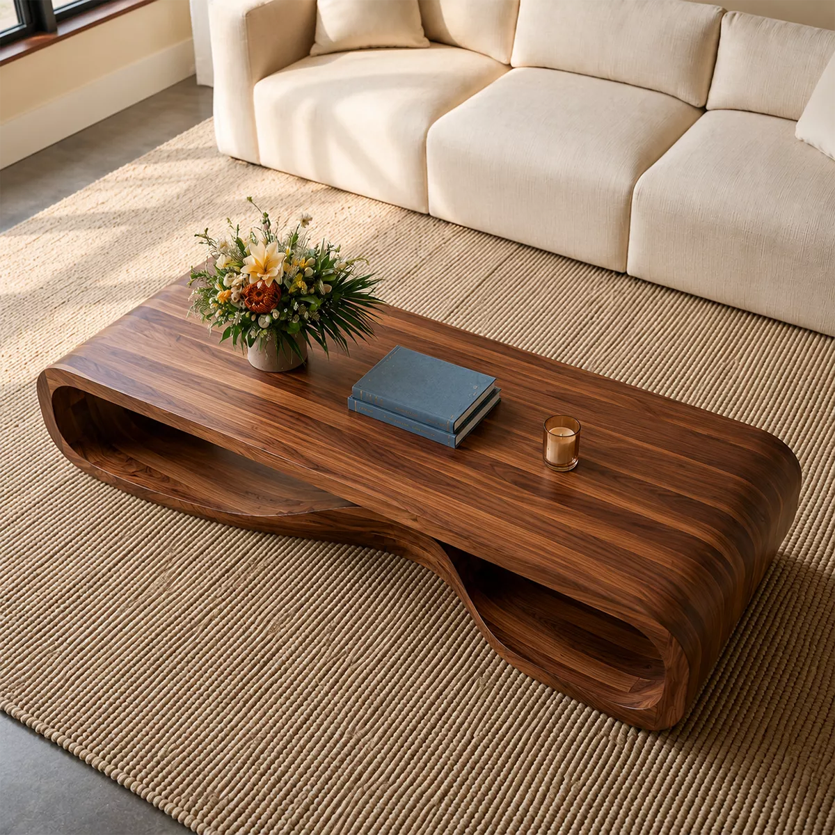 Sculptural Solid Wood Coffee Table With Wave Open Base Rounded Waterfall Sides And Natural Wood Grain For Modern Living Room - Livewoodcraft - 7