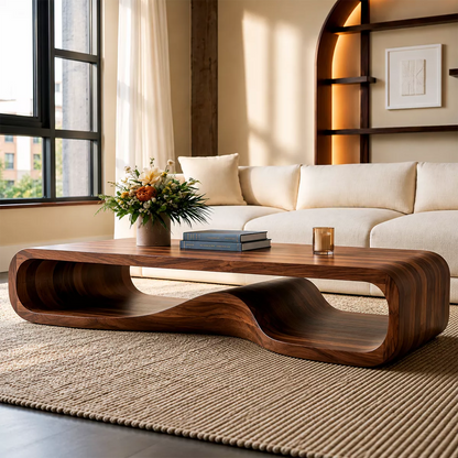 Sculptural Solid Wood Coffee Table With Wave Open Base Rounded Waterfall Sides And Natural Wood Grain For Modern Living Room - Livewoodcraft - 8