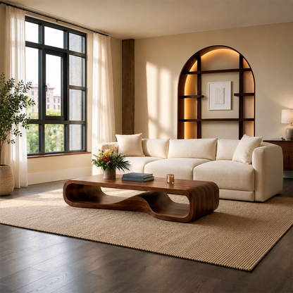 Sculptural Solid Wood Coffee Table With Wave Open Base Rounded Waterfall Sides And Natural Wood Grain For Modern Living Room - Livewoodcraft - 9