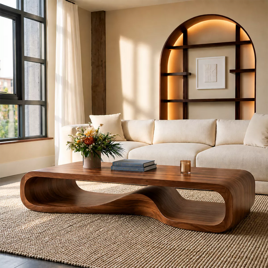 Sculptural Solid Wood Coffee Table With Wave Open Base Rounded Waterfall Sides And Natural Wood Grain For Modern Living Room - Livewoodcraft