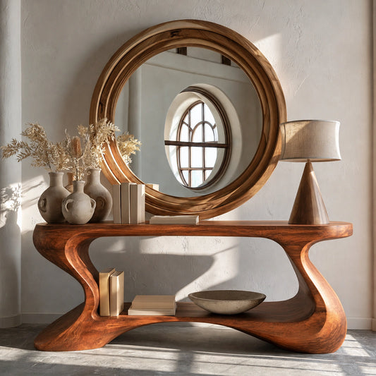 Sculptural Solid Wood Console Table with Open Shelf - Livewoodcraft - 4848