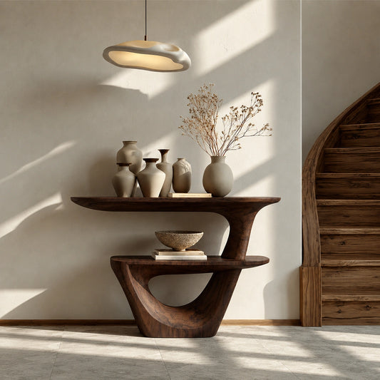Sculptural Solid Wood Console Table with Open Shelf - Livewoodcraft - 9280