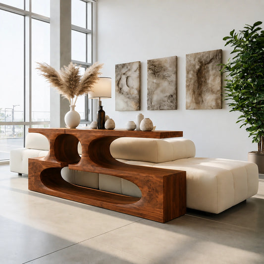 Sculptural Solid Wood Console Table with Open Shelves - Livewoodcraft
