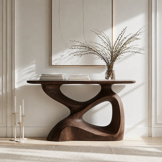 Sculptural Solid Wood Console Table with Organic Open Base - Livewoodcraft