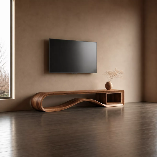 Sculptural Solid Wood TV Cabinet With Wave Open Base Side Shelf And Natural Wood Grain For Modern Living Room - Livewoodcraft
