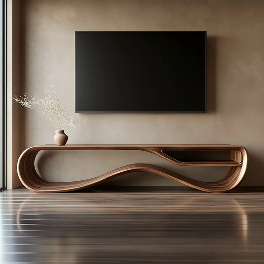 Sculptural Solid Wood TV Cabinet With Wave Open Base Side Storage Shelf And Natural Wood Grain For Modern Living Room - Livewoodcraft