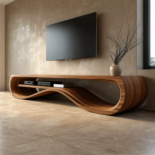 Sculptural Solid Wood TV Cabinet With Wave Open Shelf Rounded Waterfall Sides And Natural Wood Grain For Modern Living Room - Livewoodcraft