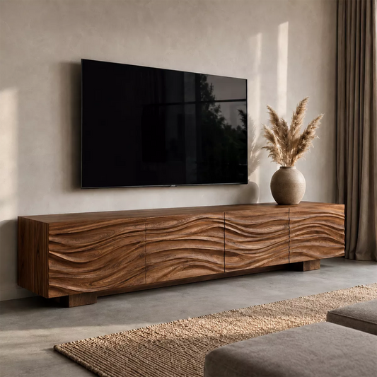 Sculptural Solid Wood TV Stand With Carved Wave Front And Natural Wood Grain For Living Room - Livewoodcraft