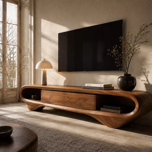 Sculptural Solid Wood TV Stand With Curved Loop Frame, Open Side Shelves And Hidden Drawer Storage For Living Room - Livewoodcraft