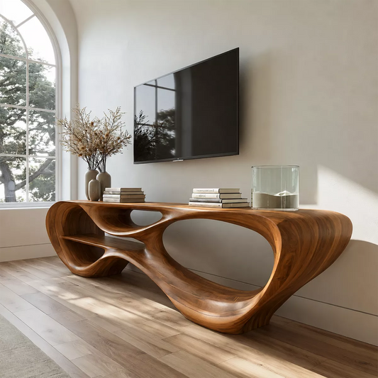 Sculptural Solid Wood TV Stand With Organic Open Frame And Natural Wood Grain For Living Room - Livewoodcraft