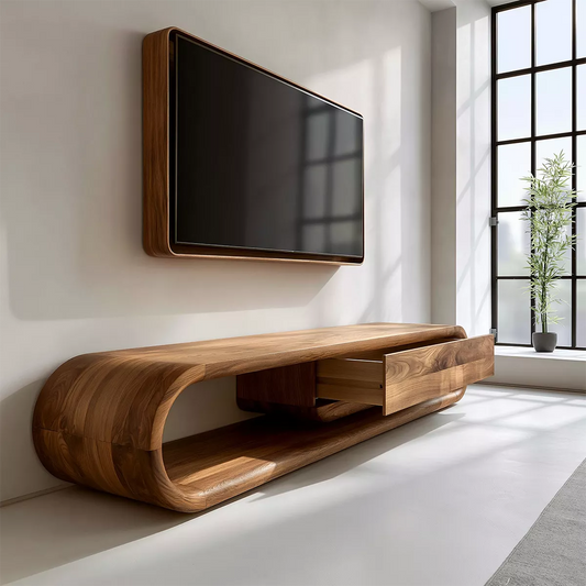 Sculptural Solid Wood TV Stand With Rounded Frame And Pull Out Drawer For Living Room - Livewoodcraft