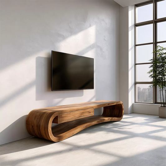 Sculptural Solid Wood TV Stand With Rounded Loop Frame, Open Shelf And Center Drawer For Living Room - Livewoodcraft