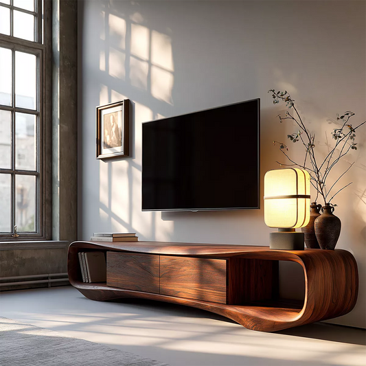 Sculptural Solid Wood TV Stand With Rounded Loop Frame, Open Side Shelves And Hidden Drawer Storage For Living Room - Livewoodcraft