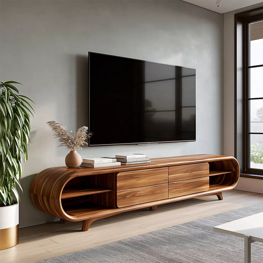 Sculptural Solid Wood TV Stand With Rounded Loop Frame, Open Side Shelves And Multi Drawer Storage For Living Room - Livewoodcraft