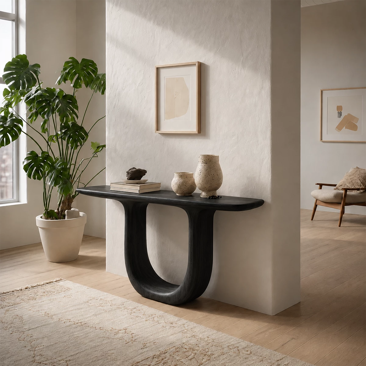 Sculptural U-Shaped Console Table in Natural Solid Wood - Livewoodcraft - 2