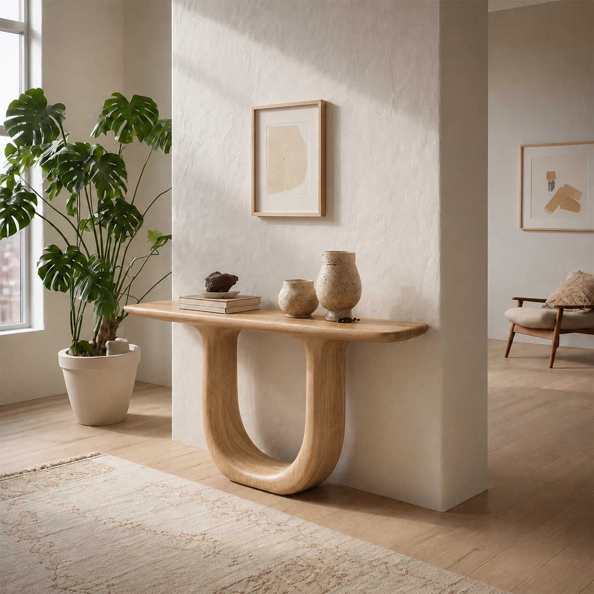 Sculptural U-Shaped Console Table in Natural Solid Wood - Livewoodcraft - 3