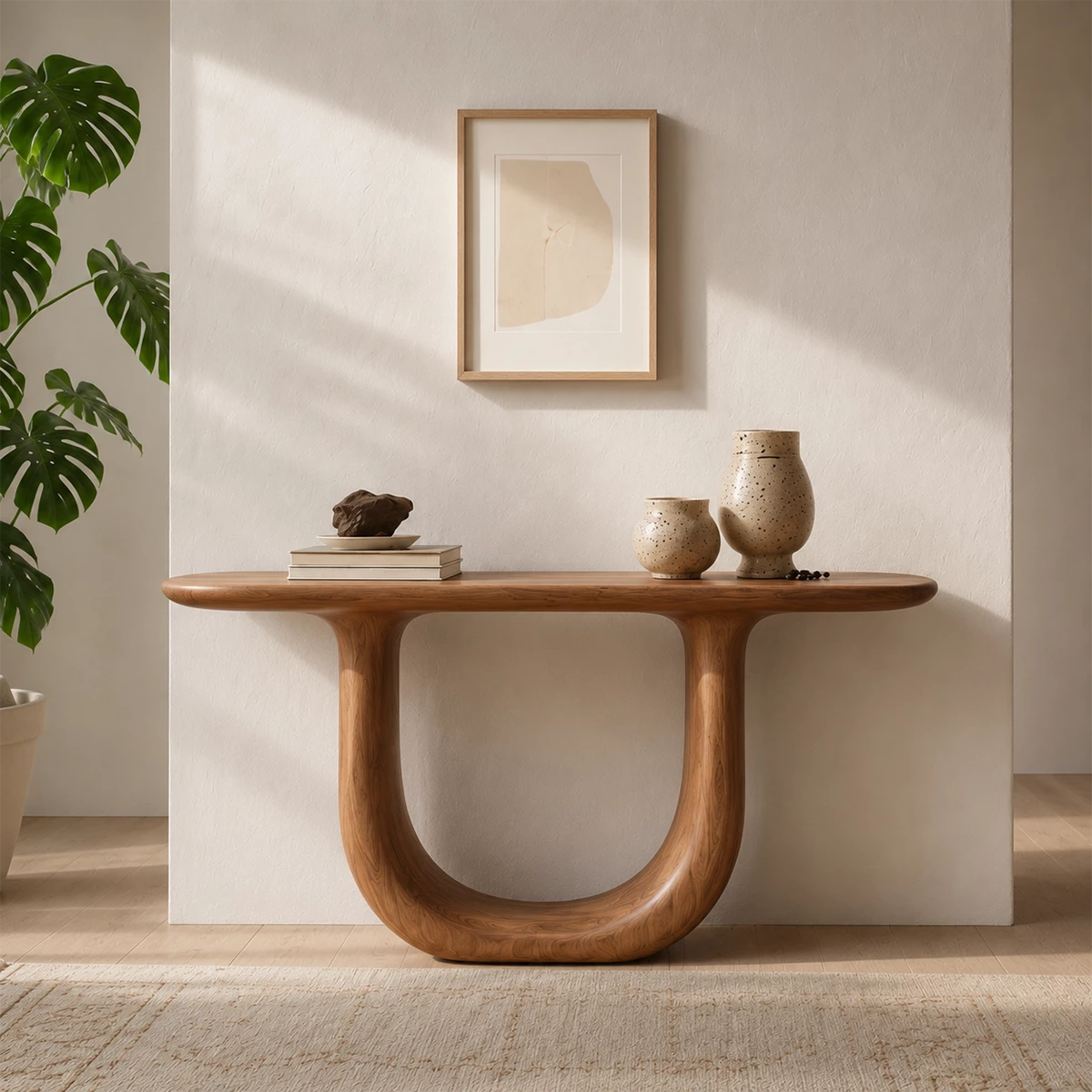 Sculptural U-Shaped Console Table in Natural Solid Wood - Livewoodcraft - 5