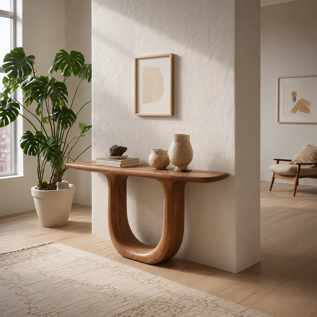 Sculptural U-Shaped Console Table in Natural Solid Wood - Livewoodcraft