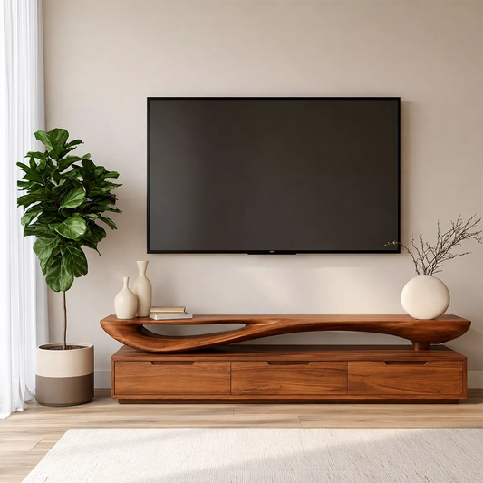 Sculptural Wave Solid Wood TV Stand With Open Display Shelf And Hidden Drawer Storage For Living Room - Livewoodcraft
