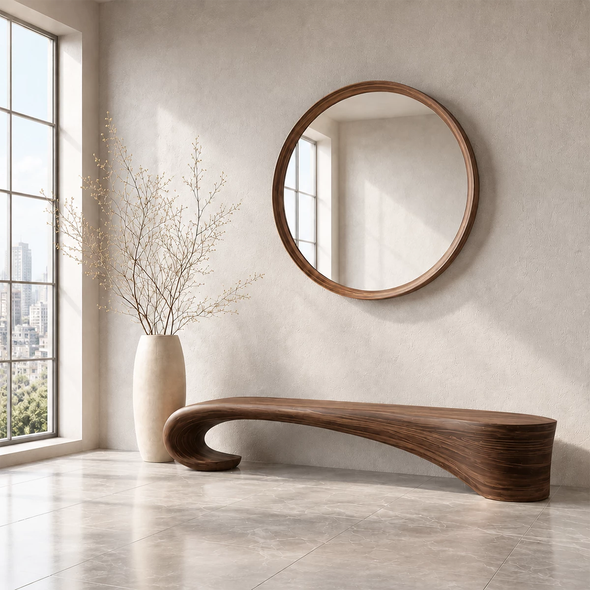 Sculptural Wave Wood Bench – Organic Natural Wood Entryway Bench for Modern Interior - Livewoodcraft