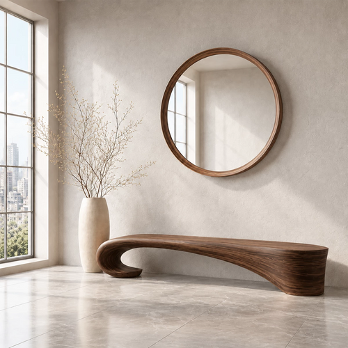 Sculptural Wave Wood Bench – Organic Natural Wood Entryway Bench for Modern Interior - Livewoodcraft