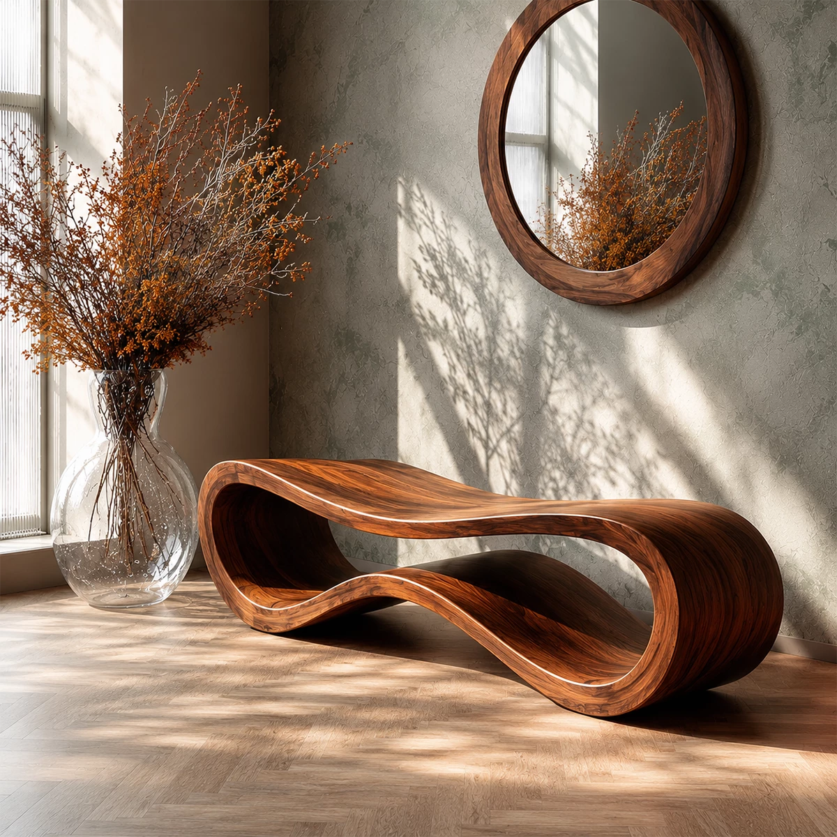 Sculptural Wave Wood Bench – Organic Natural Wood Entryway Bench for Modern Interiors - Livewoodcraft - 11