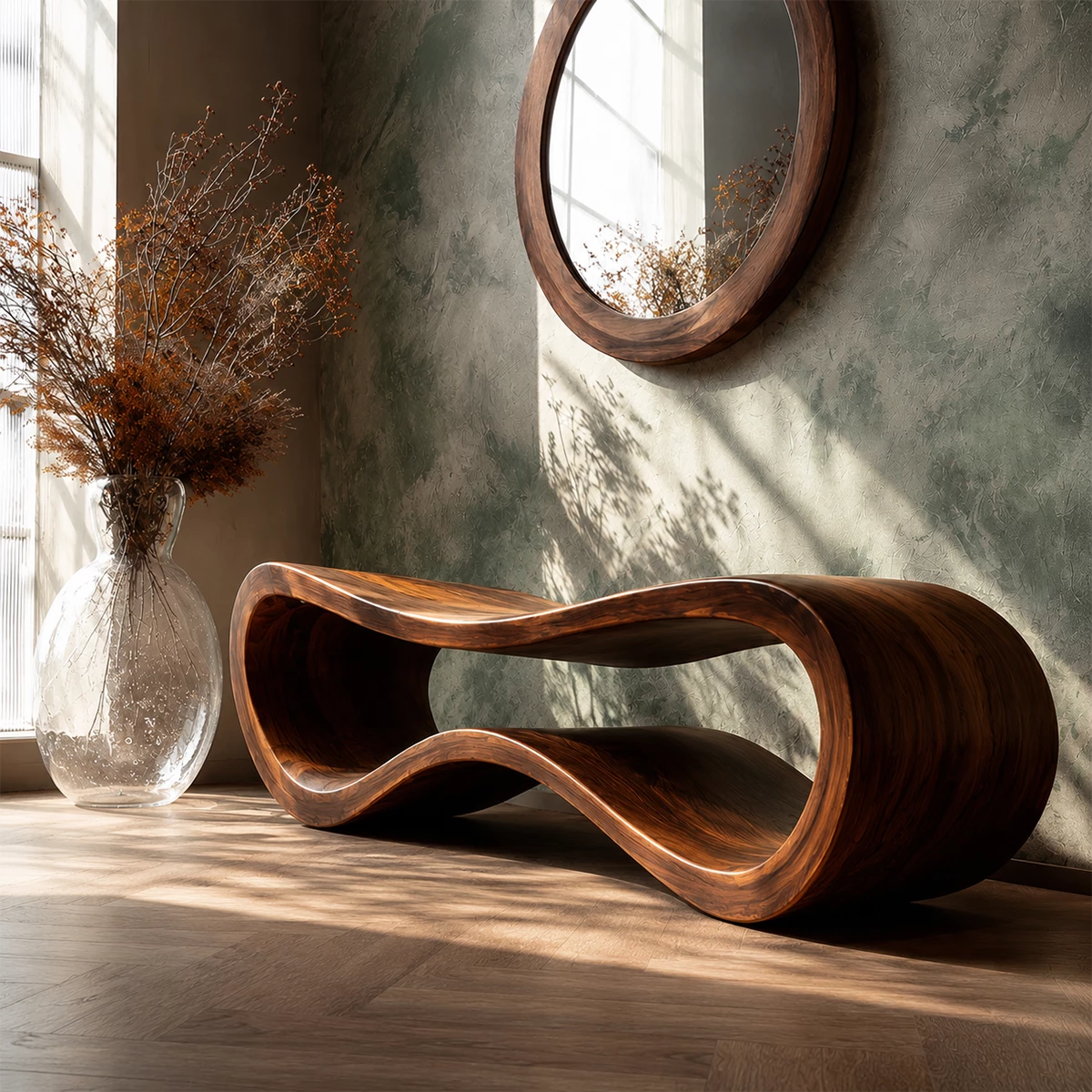Sculptural Wave Wood Bench – Organic Natural Wood Entryway Bench for Modern Interiors - Livewoodcraft - 8