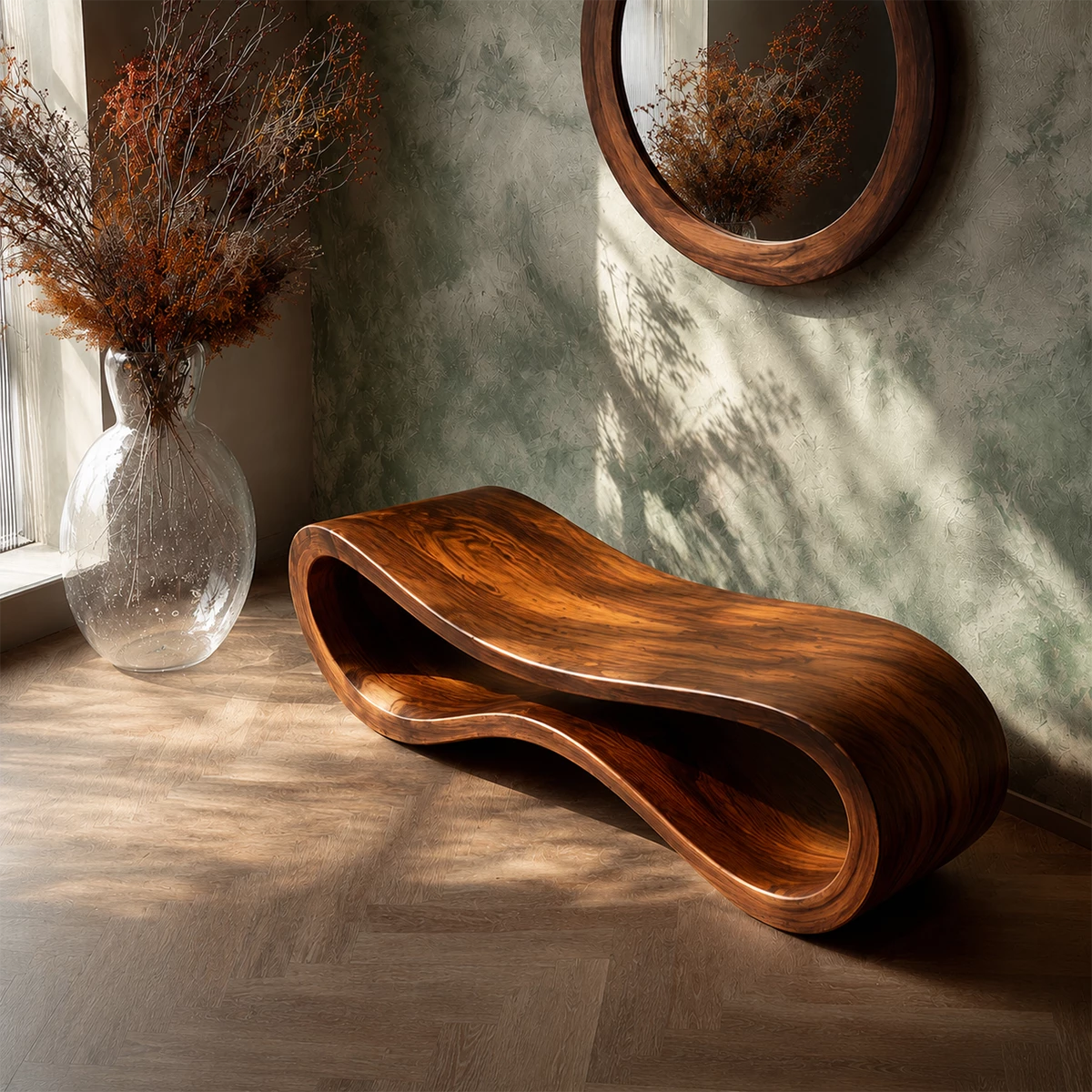 Sculptural Wave Wood Bench – Organic Natural Wood Entryway Bench for Modern Interiors - Livewoodcraft - 9