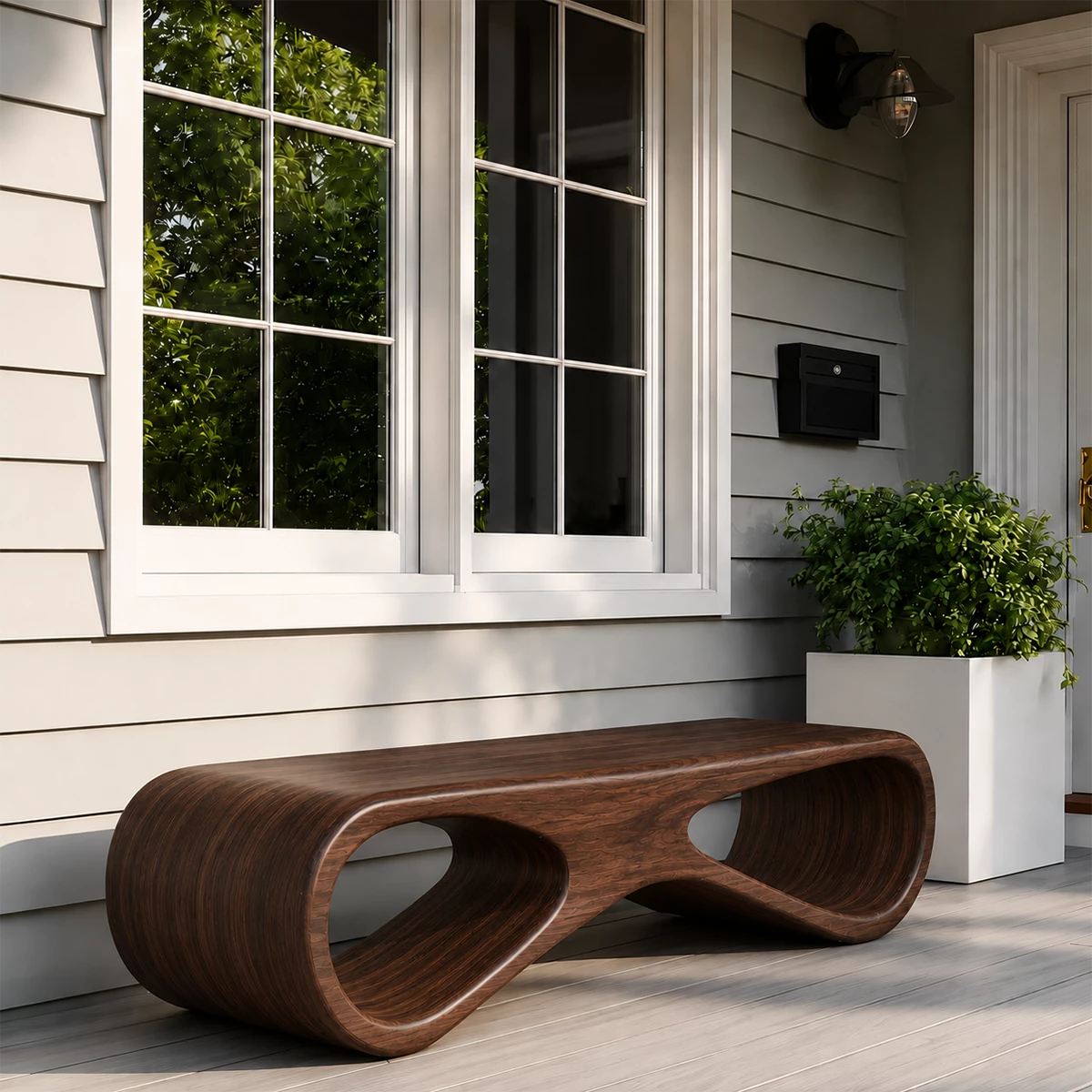 Sculptural Wave Wood Outdoor Bench – Natural Wood Patio Bench for Modern Exterior - Livewoodcraft