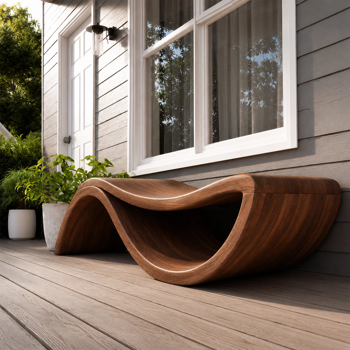 Sculptural Wave Wood Outdoor Chaise Lounge – Natural Wood Patio Lounge Chair - Livewoodcraft - 9