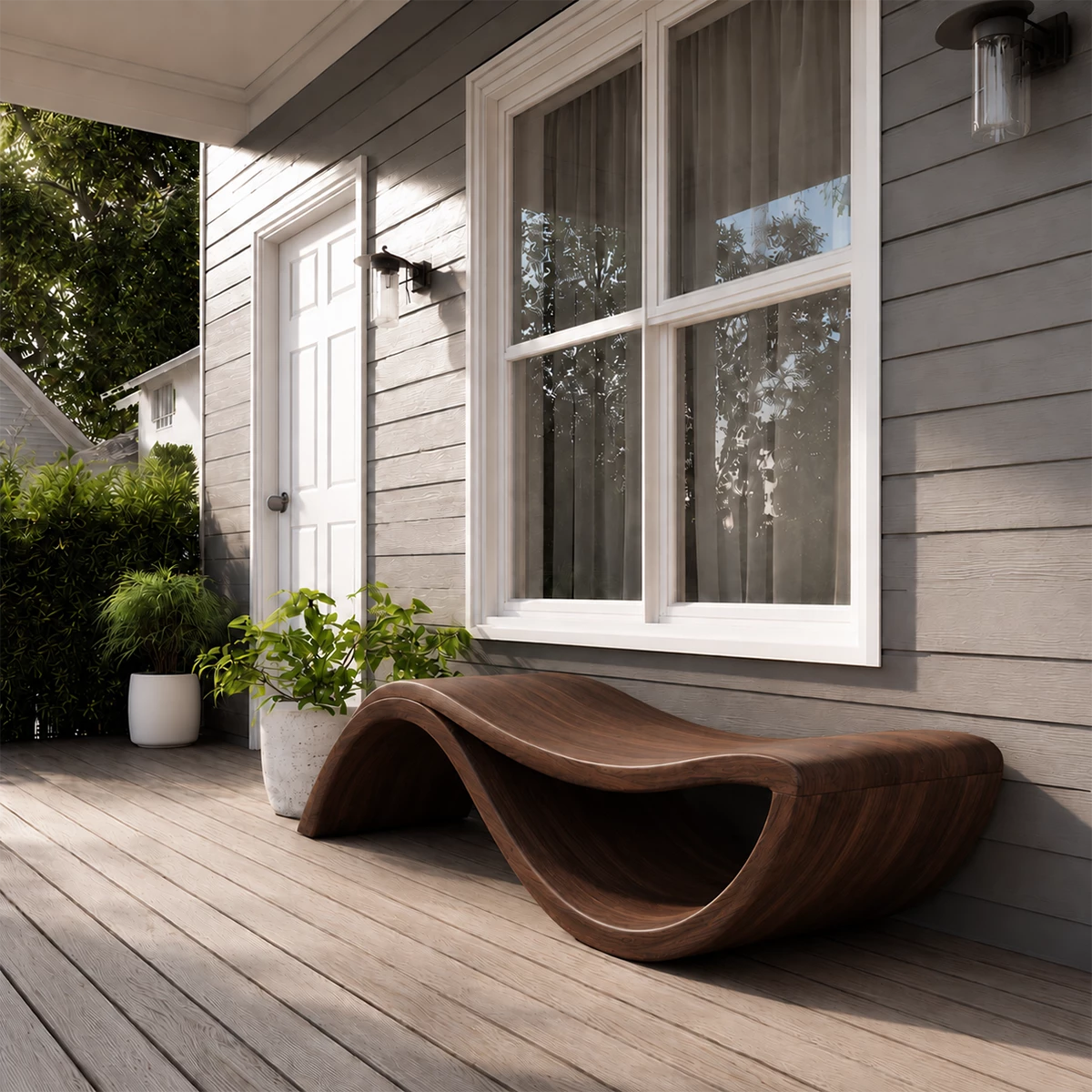 Sculptural Wave Wood Outdoor Chaise Lounge – Natural Wood Patio Lounge Chair - Livewoodcraft