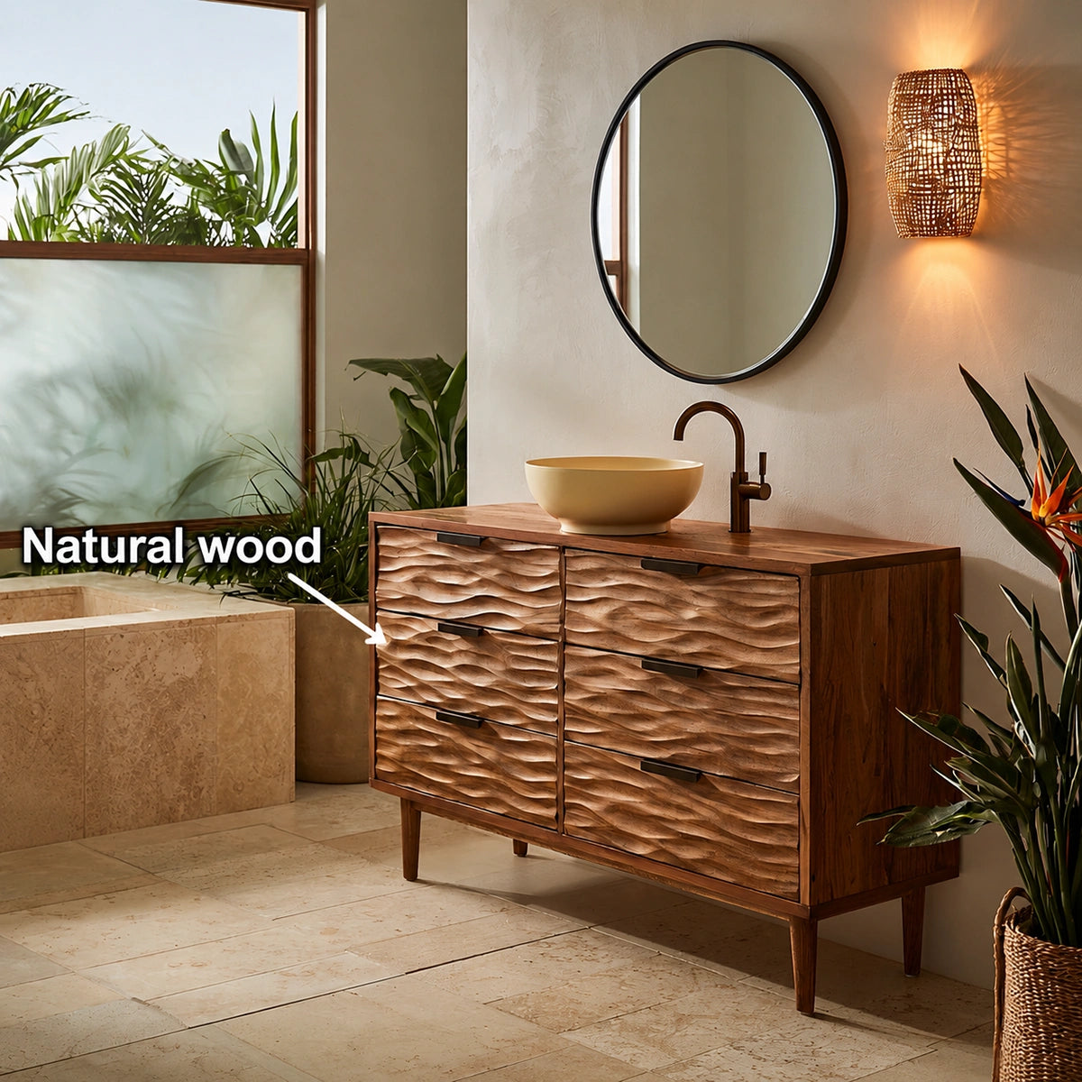Solid Wood Bathroom Vanity Cabinet with Textured Drawer Fronts – Modern Rustic Floating Sink Console, Walnut Finish Storage Cabinet - Livewoodcraft - 10