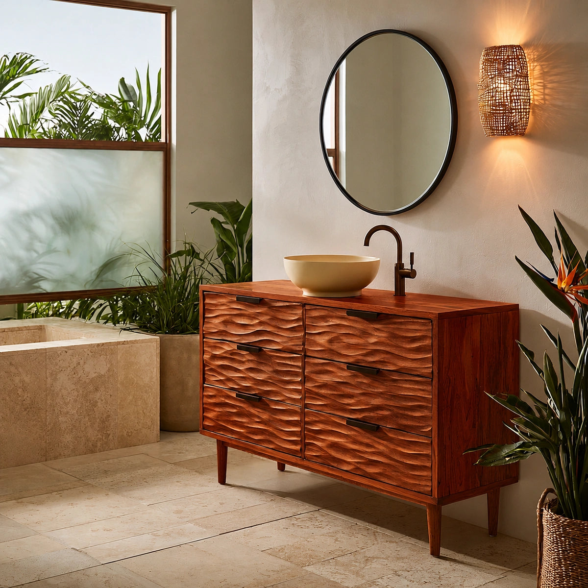 Solid Wood Bathroom Vanity Cabinet with Textured Drawer Fronts – Modern Rustic Floating Sink Console, Walnut Finish Storage Cabinet - Livewoodcraft - 2