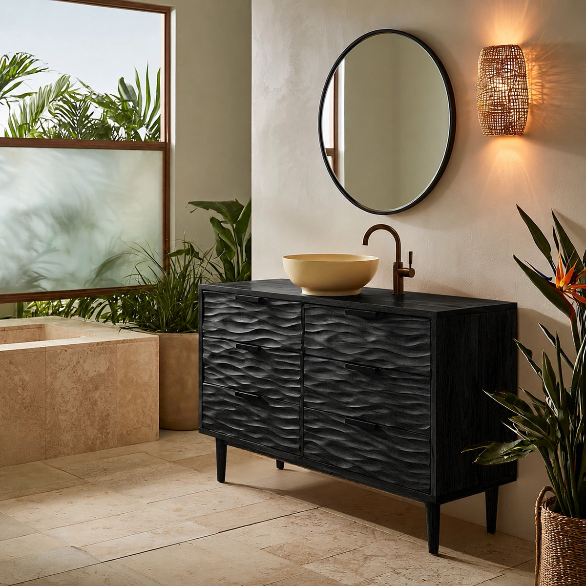 Solid Wood Bathroom Vanity Cabinet with Textured Drawer Fronts – Modern Rustic Floating Sink Console, Walnut Finish Storage Cabinet - Livewoodcraft - 4