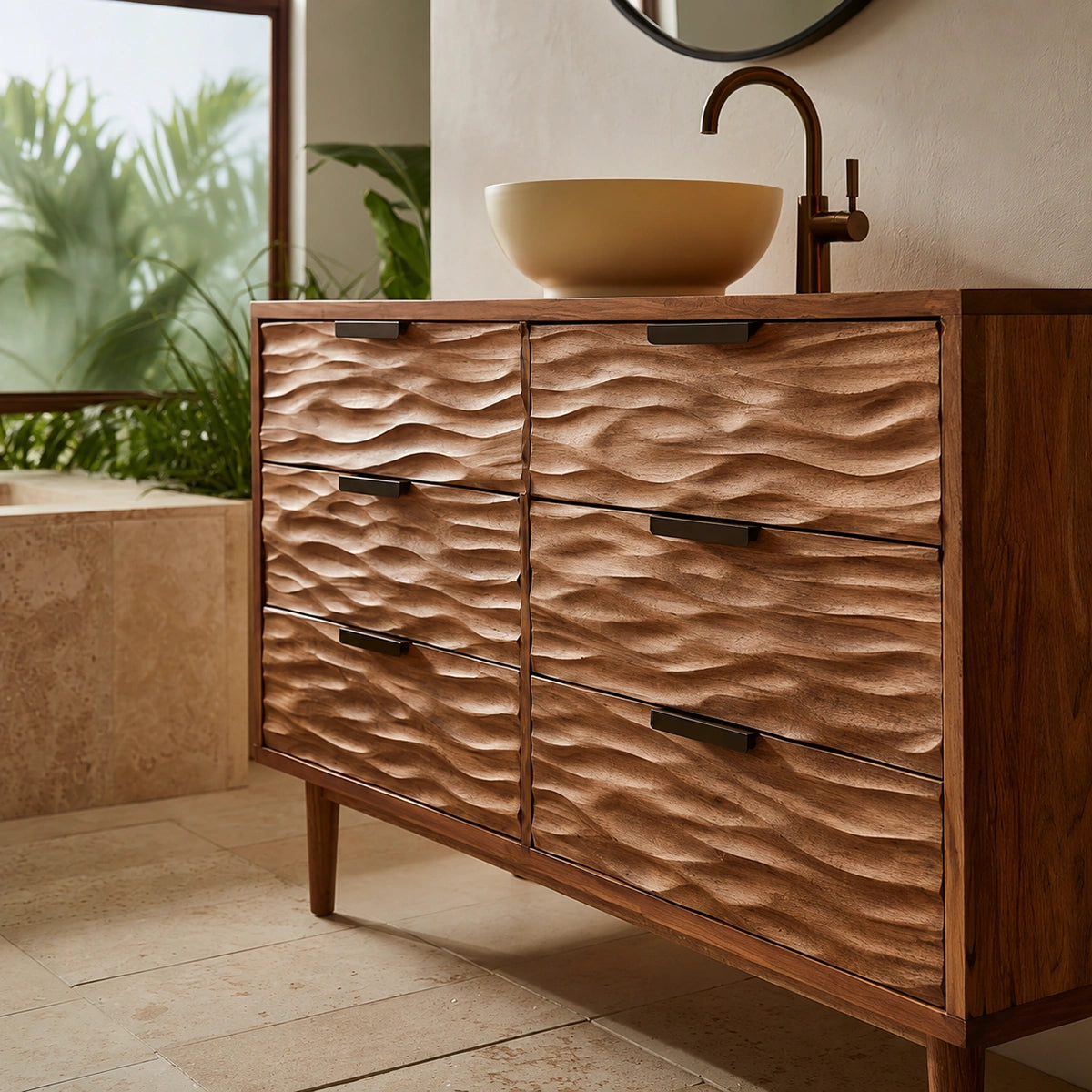 Solid Wood Bathroom Vanity Cabinet with Textured Drawer Fronts – Modern Rustic Floating Sink Console, Walnut Finish Storage Cabinet - Livewoodcraft - 5