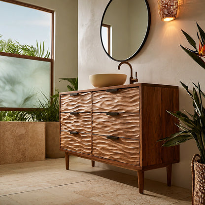 Solid Wood Bathroom Vanity Cabinet with Textured Drawer Fronts – Modern Rustic Floating Sink Console, Walnut Finish Storage Cabinet - Livewoodcraft - 8