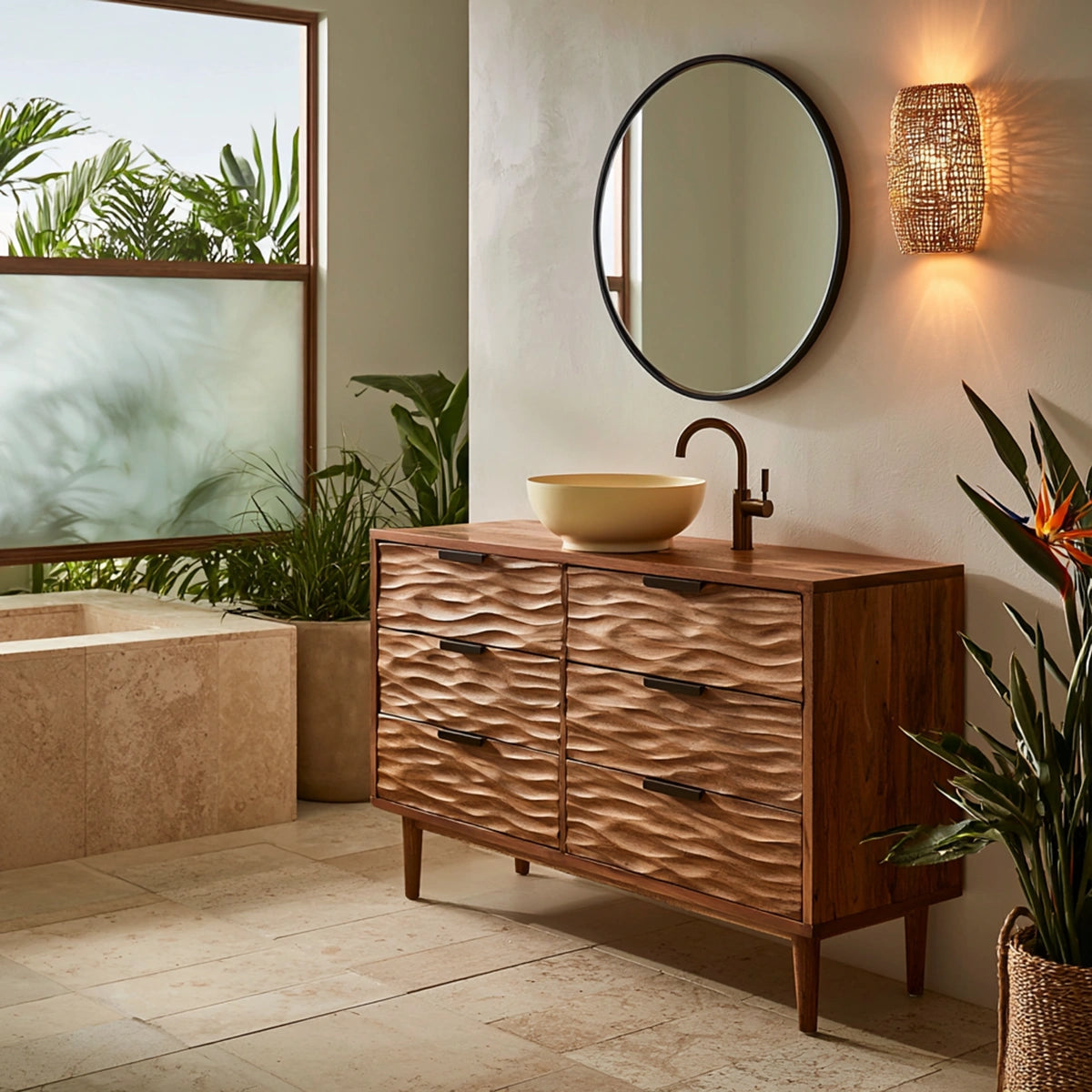 Solid Wood Bathroom Vanity Cabinet with Textured Drawer Fronts – Modern Rustic Floating Sink Console, Walnut Finish Storage Cabinet - Livewoodcraft