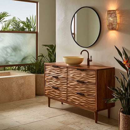 Solid Wood Bathroom Vanity Cabinet with Textured Drawer Fronts – Modern Rustic Floating Sink Console, Walnut Finish Storage Cabinet - Livewoodcraft