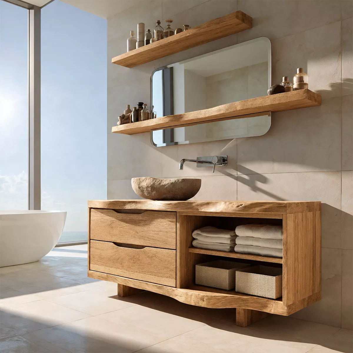 Solid Wood Bathroom Vanity With Drawer Storage And Open Towel Shelf For Modern Bathroom - Livewoodcraft - 4