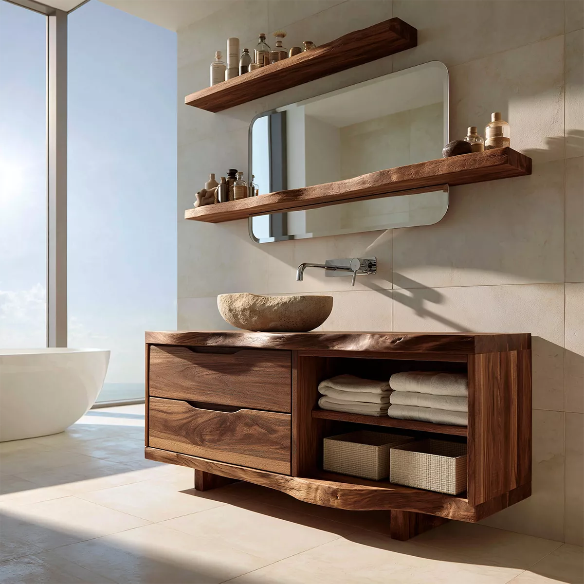Solid Wood Bathroom Vanity With Drawer Storage And Open Towel Shelf For Modern Bathroom - Livewoodcraft - 5