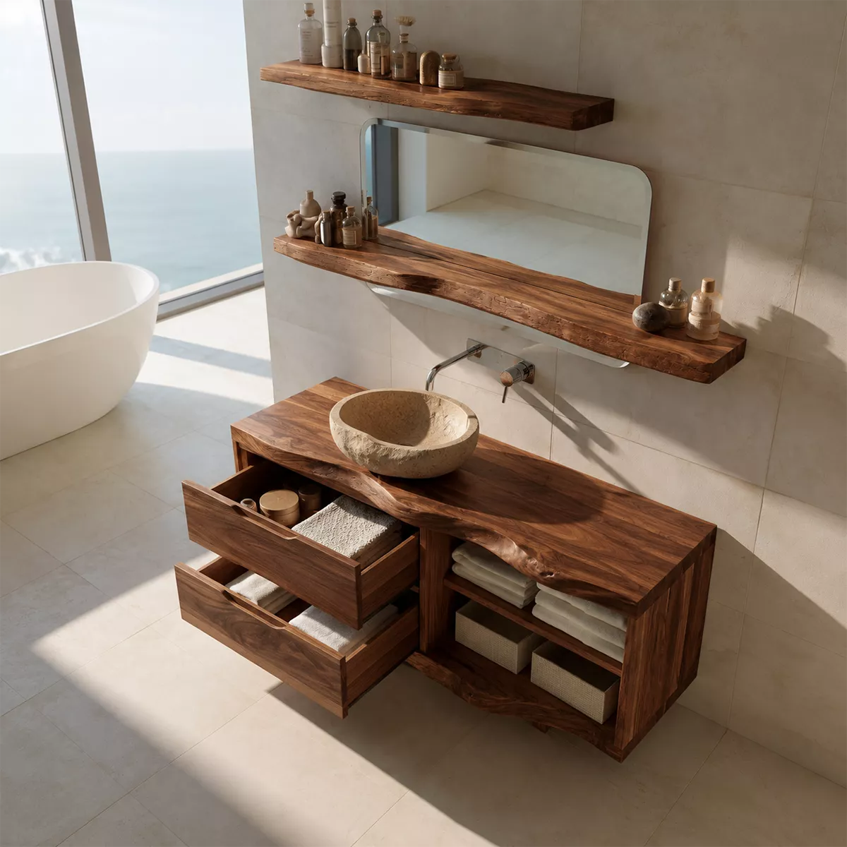 Solid Wood Bathroom Vanity With Drawer Storage And Open Towel Shelf For Modern Bathroom - Livewoodcraft - 7