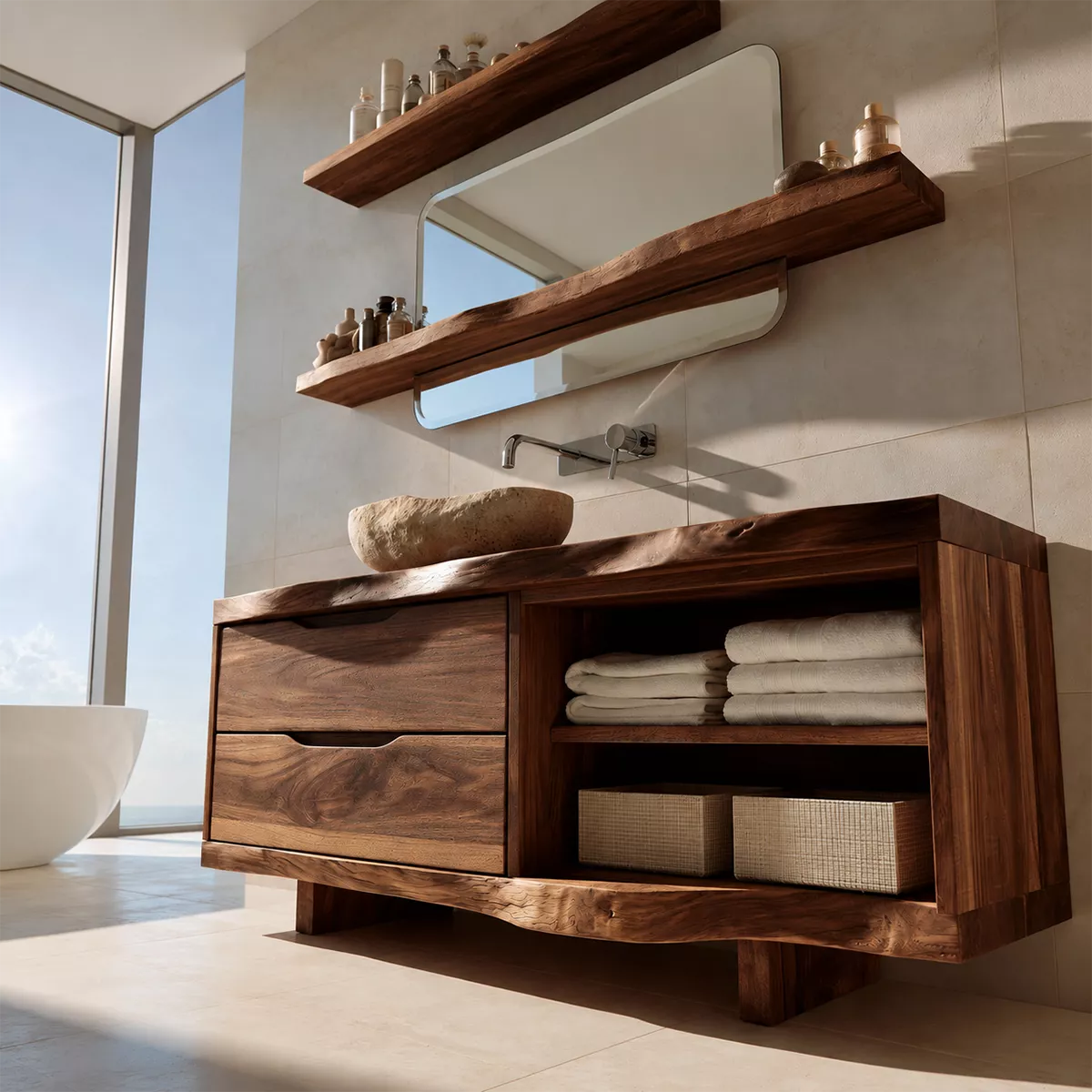 Solid Wood Bathroom Vanity With Drawer Storage And Open Towel Shelf For Modern Bathroom - Livewoodcraft - 8