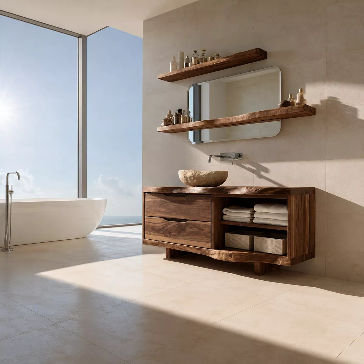 Solid Wood Bathroom Vanity With Drawer Storage And Open Towel Shelf For Modern Bathroom - Livewoodcraft - 9