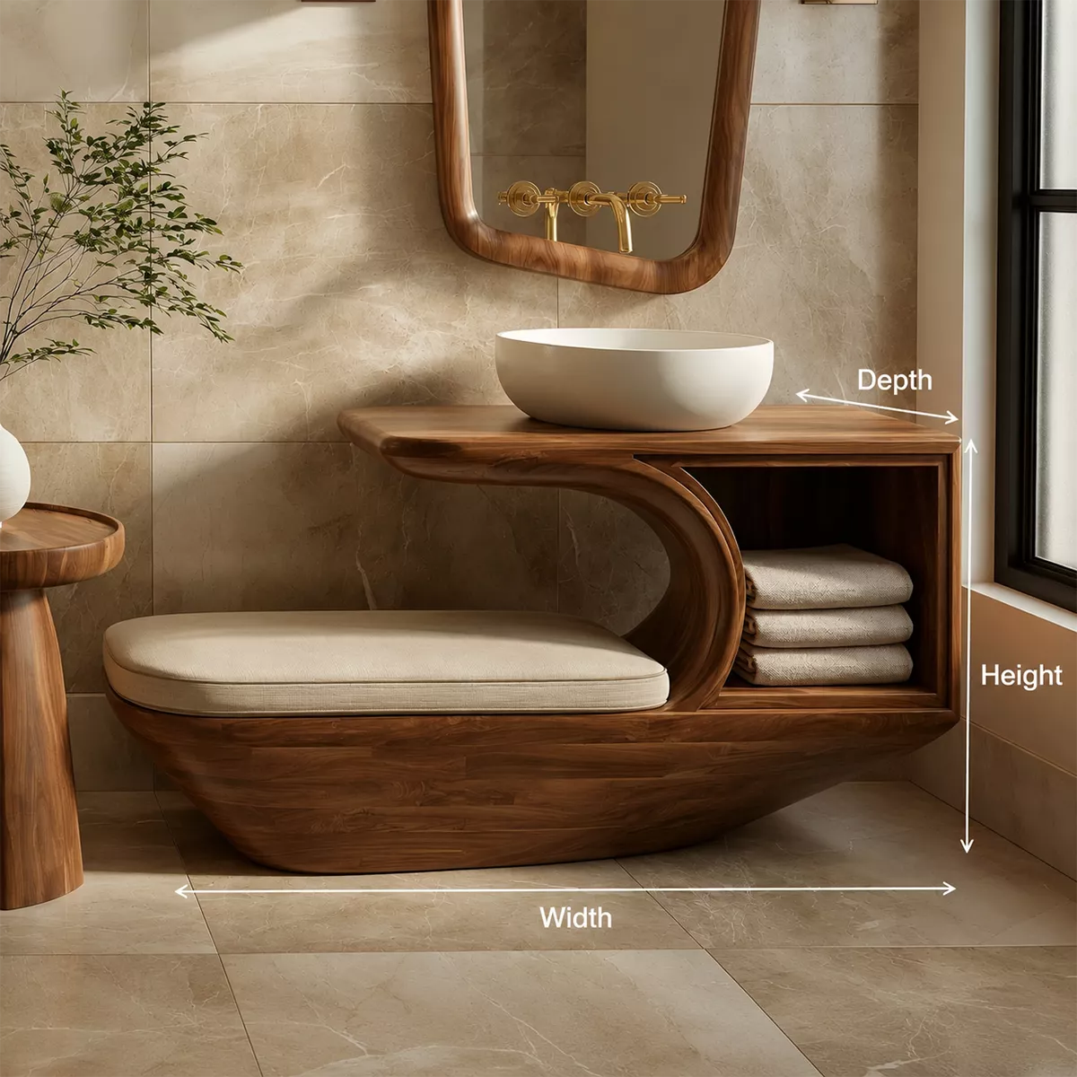 Solid Wood Bathroom Vanity With Integrated Bench Open Storage Shelf And Organic Mirror Frame - Livewoodcraft - 10