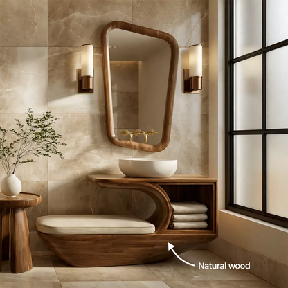 Solid Wood Bathroom Vanity With Integrated Bench Open Storage Shelf And Organic Mirror Frame - Livewoodcraft - 11