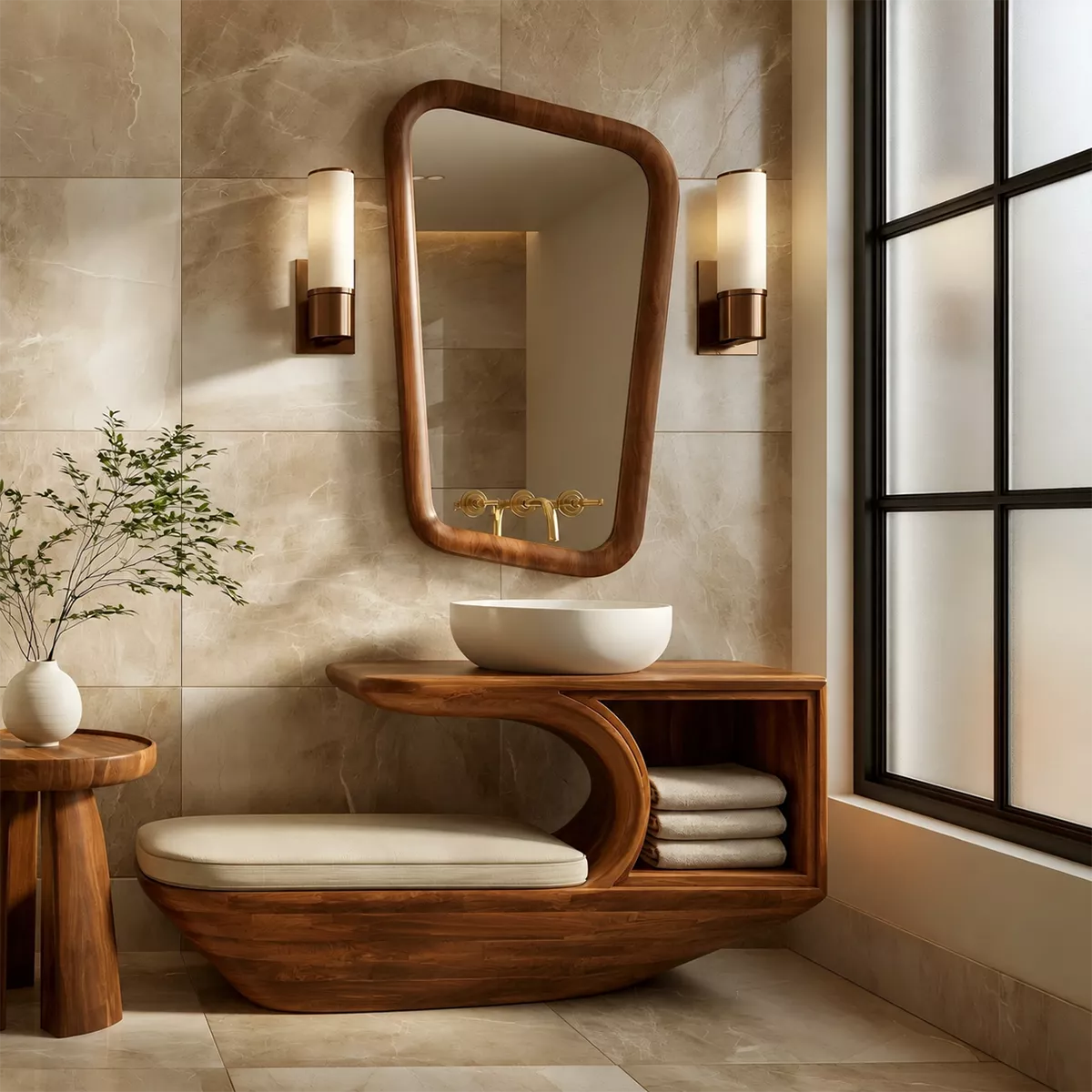 Solid Wood Bathroom Vanity With Integrated Bench Open Storage Shelf And Organic Mirror Frame - Livewoodcraft - 2