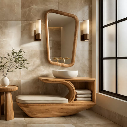 Solid Wood Bathroom Vanity With Integrated Bench Open Storage Shelf And Organic Mirror Frame - Livewoodcraft - 3
