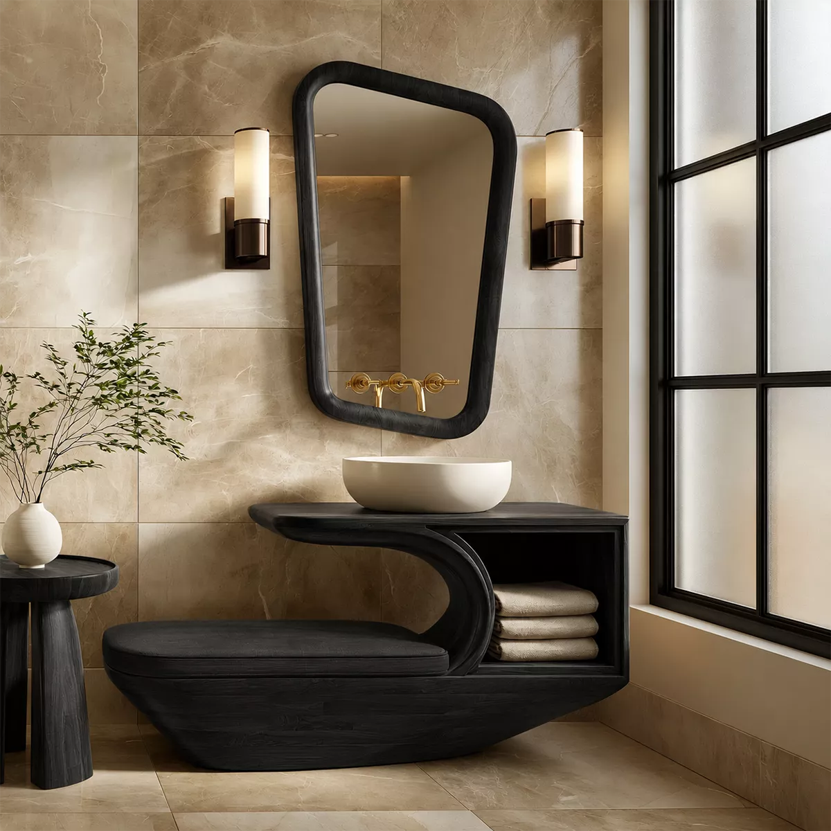 Solid Wood Bathroom Vanity With Integrated Bench Open Storage Shelf And Organic Mirror Frame - Livewoodcraft - 4