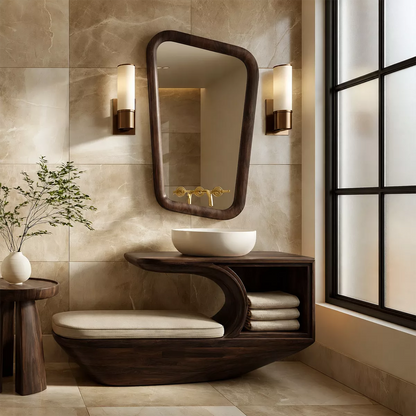 Solid Wood Bathroom Vanity With Integrated Bench Open Storage Shelf And Organic Mirror Frame - Livewoodcraft - 5