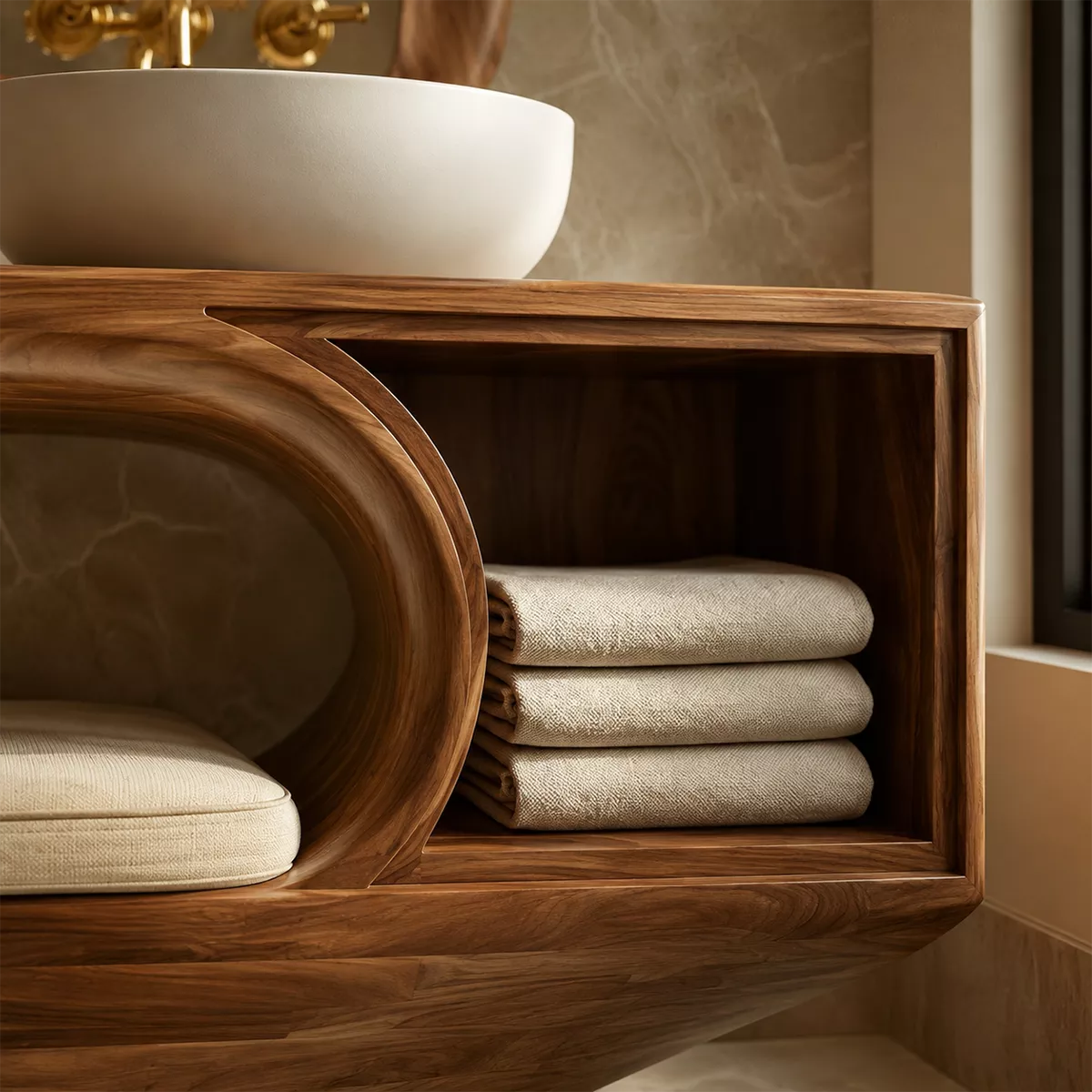 Solid Wood Bathroom Vanity With Integrated Bench Open Storage Shelf And Organic Mirror Frame - Livewoodcraft - 6